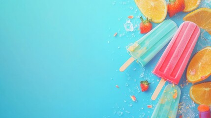 Colorful summer popsicles on a blue background with copy space, top view. Popsicle concept for a banner or poster design.
