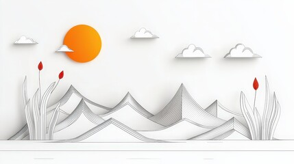 Fototapeta premium Beautiful Paper Cut Landscape with Mountains, Sun, Clouds, and Floral Accents in Minimalist Style