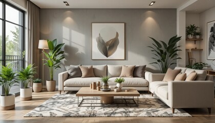 Bright and airy living room showcasing a harmonious blend of soft furnishings and vibrant plants. Large windows invite sunlight, creating a serene and inviting space for relaxation