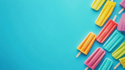 Colorful summer popsicles on a blue background with copy space, top view. Popsicle concept for a banner or poster design.