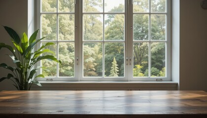 Natural light floods the room, illuminating a wooden table and a vibrant plant beside a large window. Outside, tall trees create a calming green backdrop. Peaceful and inviting atmosphere