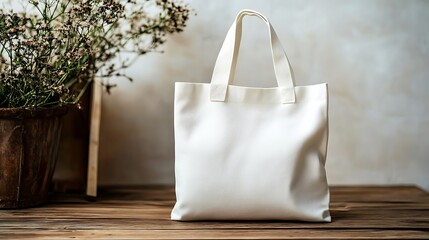 Clean mock up of white tote bag on wooden table minimalist design indoor setting
