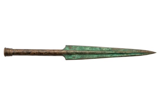 Ancient bronze spearhead artifact isolated with transparent background
