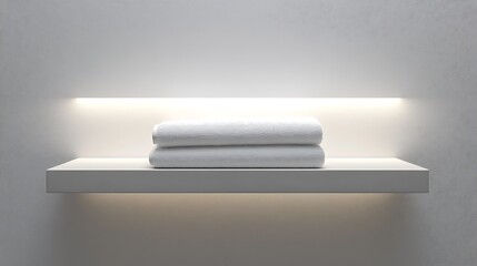 Clean mock up of white towels on shelf minimalist bathroom digital screen display modern interior bright ambient lighting