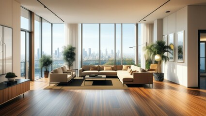 Fototapeta premium Luxurious penthouse living room, floor-to-ceiling windows, panoramic city view, modern minimalist furniture, warm wood flooring, beige and earth tones, natural light, potted plants, cozy seating area,