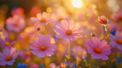 Fototapeta premium Golden Hour Cosmos: A Field of Pink Delight
