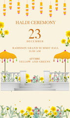 Fototapeta premium Haldi ceremony invitation design for Indian wedding functions with colorful yellow umbrella vector with tassles, balcony fence, yellow floral border, hanging marigold flowers, Mughal foliage