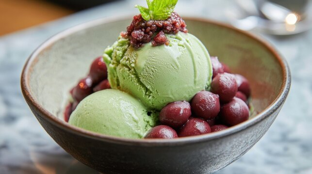 Matcha ice cream dessert, red bean, mint, restaurant, close-up