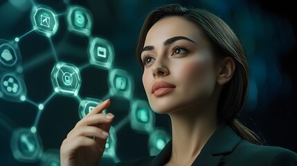 Businesswoman Interacting with Futuristic Holographic IoT Icons on Dark Background
