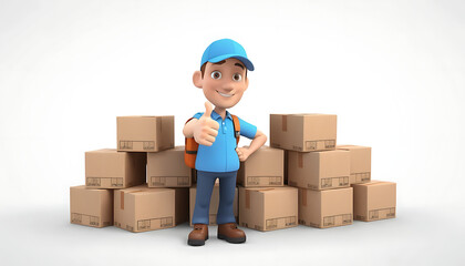 Happy Delivery Man with Packages 3D Cartoon Illustration
