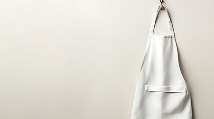 Mock up of a clean white screen apron hanging in a minimalist kitchen environment