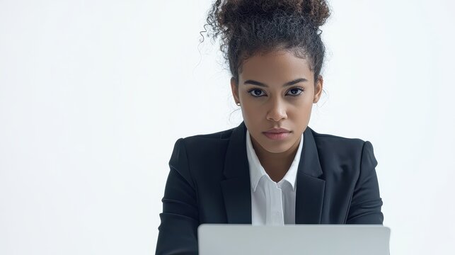 A young businesswoman sitting in a cafe, working on a laptop with a focused expression on a white isolated background