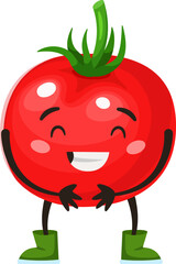 Anthropomorphic tomato character wearing green boots is laughing with closed eyes, conveying joy and amusement, ideal for healthy eating campaigns or children s illustrations