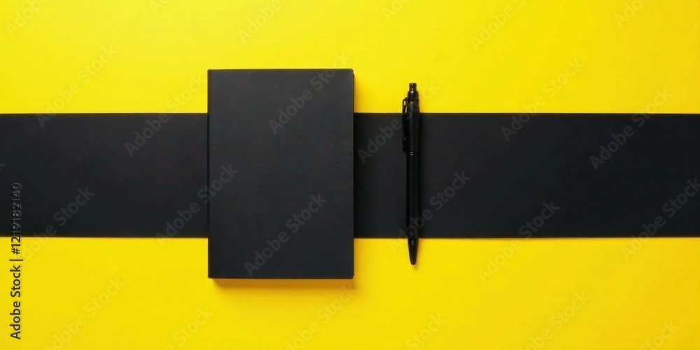 Poster a sleek black notebook and pen rest on a vibrant yellow surface, accented by a bold black stripe, cr