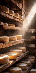 Fototapeta premium Cheese aging process in rustic cellar with soft lighting