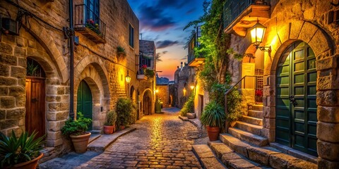 Fototapeta premium Old Jaffa Night Photography: Ancient Stone Streets & Harbor Lights