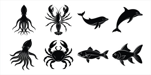 Ocean, Sea animals silhouette set. Aquatic animals life vector illustration design