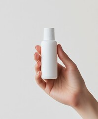 Hand holding a plain white bottle in a neutral setting