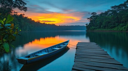 Obraz premium Serene Sunset Over Tropical Lake With Boat