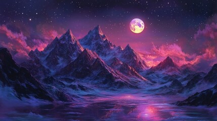 Majestic mountains under a glowing moonlight sky