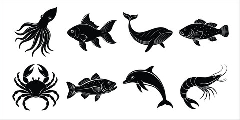 Ocean, Sea animals silhouette set. Aquatic animals life vector illustration design