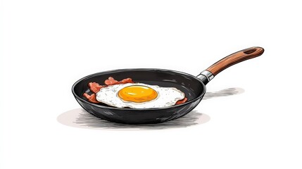 Fried Egg and Bacon in a Black Frying Pan on a White Background for Culinary Illustrations