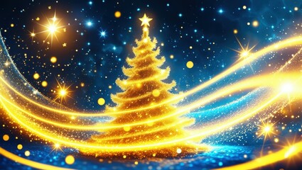 Naklejka premium Christmas tree, golden light swirls, magical, sparkling, starry night sky, blue background, glowing, festive, abstract, energy trails, vibrant, luminous, whimsical, celestial, dreamlike, fantasy, holi