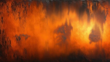 fiery sunset, abstract landscape, vibrant orange sky, dark silhouettes, textured canvas, dramatic cloudscape, atmospheric haze, golden hour, impressionistic painting, moody atmosphere, intense colors,