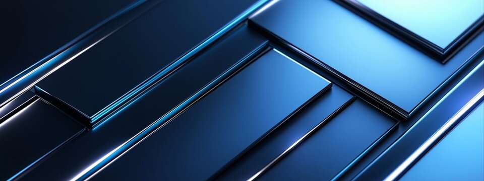 Metallic diagonal plates with blue light reflections and layered structure. Futuristic material concept. Abstract tech and industrial background.