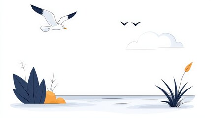 Fototapeta premium Tranquil Coastal Scene with Seagull and Soft Waves in Calm Blue Sky