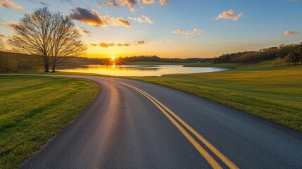 Naklejka premium The empty road leading to the lake by sunset