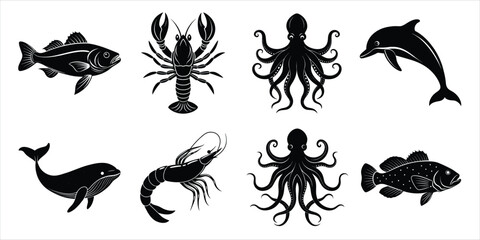 Ocean, Sea animals silhouette set. Aquatic animals life vector illustration design
