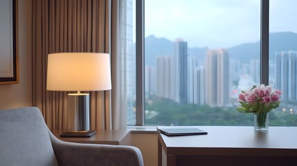 Stylish Private Office with Breathtaking City Skyline View for Productive Workspace