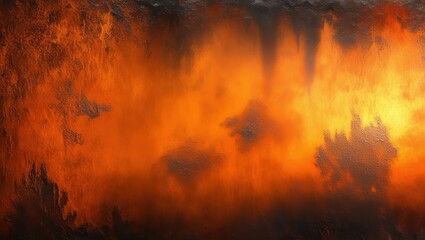 fiery sunset, abstract landscape, vibrant orange sky, dark silhouettes, textured canvas, dramatic cloudscape, atmospheric haze, golden hour, impressionistic painting, moody atmosphere, intense colors,