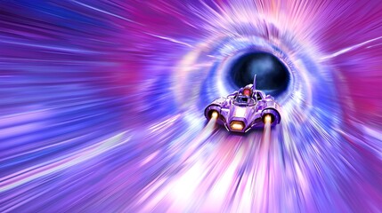Spaceship hyperspace travel, cosmic tunnel, nebula background, science fiction art