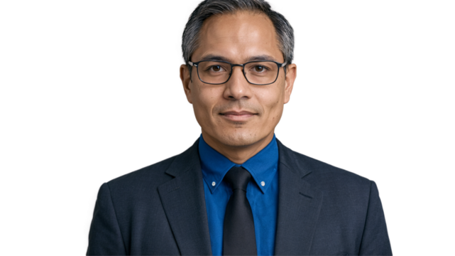 A headshot of a professional man with glasses, wearing a blue shirt and dark suit. The image is displayed in a small white background


