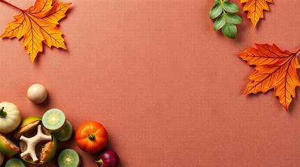 An image with a fall theme. The flat lay includes leaves, small gourds, and a solid, coral-colored background, meant to act as a header or background.