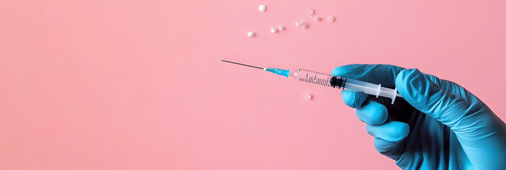 Horizontal banner. National Influenza Vaccination Week. Hand in medical glove with syringe on pink background. National Immunization Awareness Month. Immunization and vaccination. Free space for text