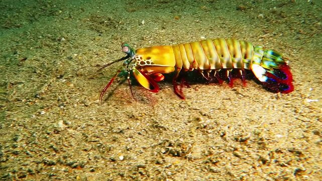 Colorful peacock mantis shrimp on the sandy bottom. Tropical lobster on the seabed, moving in the murky water. Underwater video, aquatic animal. Scuba diving with marine wildlife.