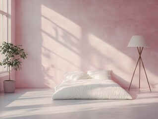 Soft sunlight fills a minimalist bedroom with pink walls
