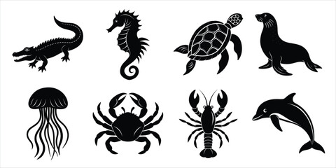 Ocean, Sea animals silhouette set. Aquatic animals life vector illustration design