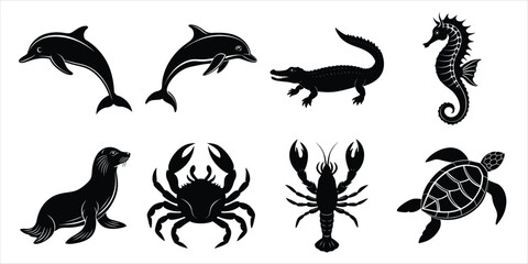 Fototapeta premium Ocean, Sea animals silhouette set. Aquatic animals life vector illustration design