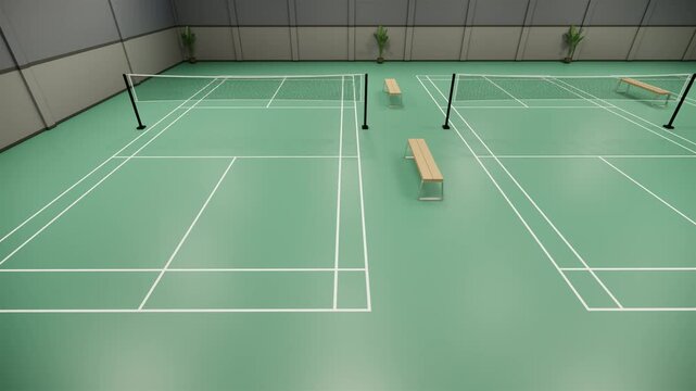 Slider shot  back view of green badminton court and white line used in competition and exercise