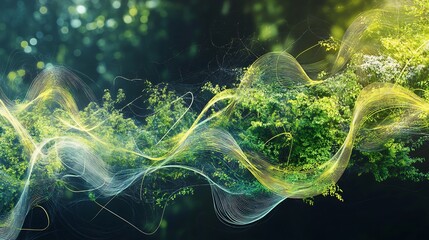 Abstract representation of environmental sustainability flowing patterns of greenery and energy loops symbolizing sustainable practices and the cyclical nature of ecofriendly initiatives