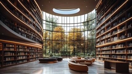 Curved Library with Panoramic Nature View
