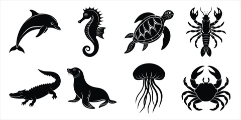 Fototapeta premium Ocean, Sea animals silhouette set. Aquatic animals life vector illustration design