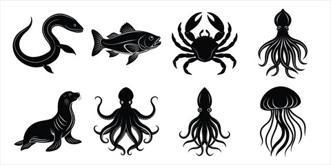 Ocean, Sea animals silhouette set. Aquatic animals life vector illustration design