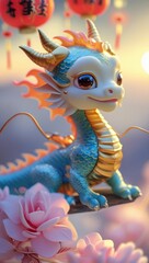 Modern illustration of a cute Chinese dragon, blue and gold, bright vibrant colors, glowing bioluminescent effects, simple shapes, natural light, mobile wallpaper