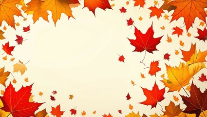 Obraz premium Autumn leaves, maple leaves, red and orange foliage, falling leaves, golden autumn colors, textured background, seasonal border, warm tones, nature-inspired design, scattered leaf pattern, harvest the