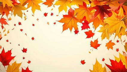 Fototapeta premium Autumn leaves, maple leaves, red and orange foliage, falling leaves, golden autumn colors, textured background, seasonal border, warm tones, nature-inspired design, scattered leaf pattern, harvest the